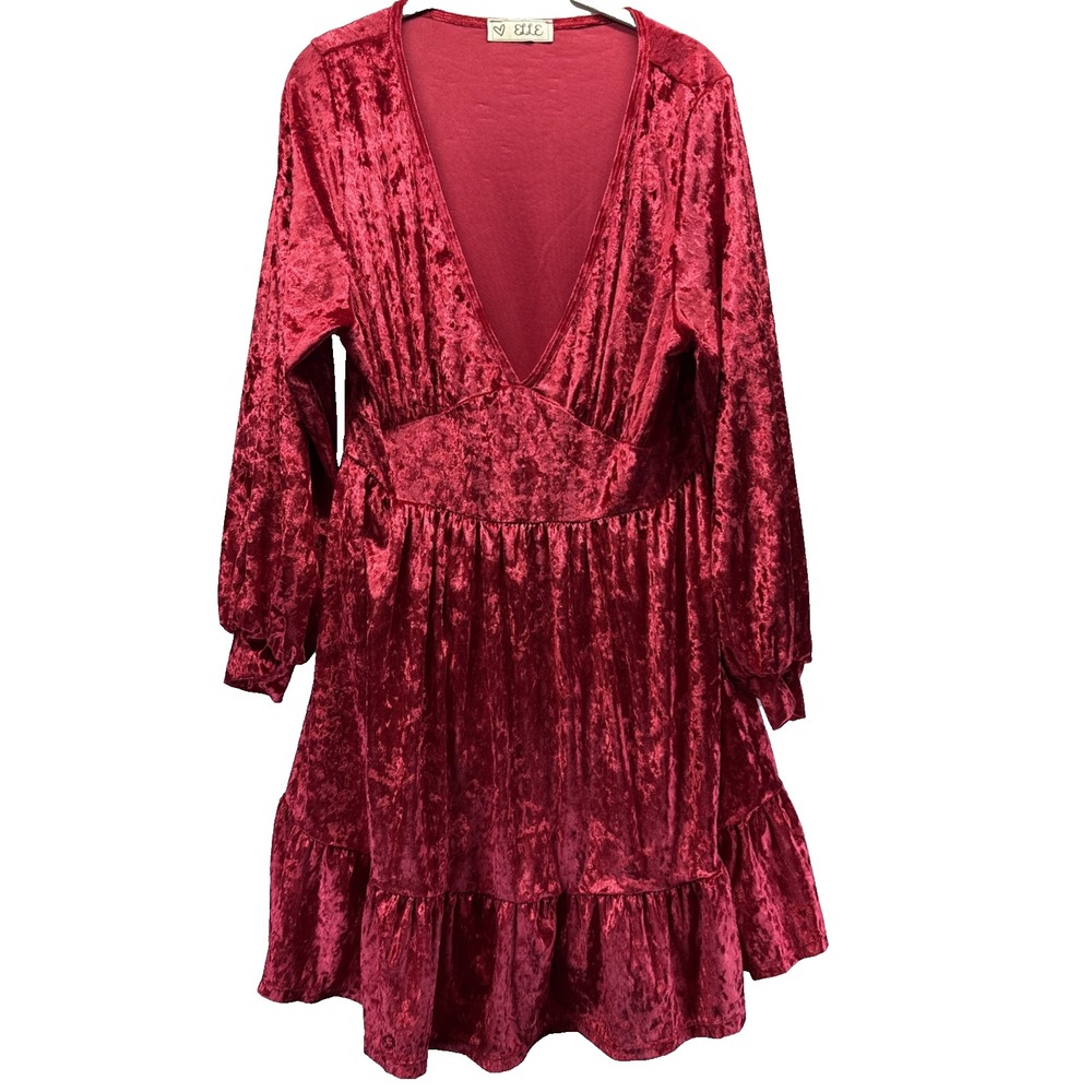Elle Babydoll Dress M Deep V Neck Red Crushed‎ Velvet Shorts Underneath Pullover